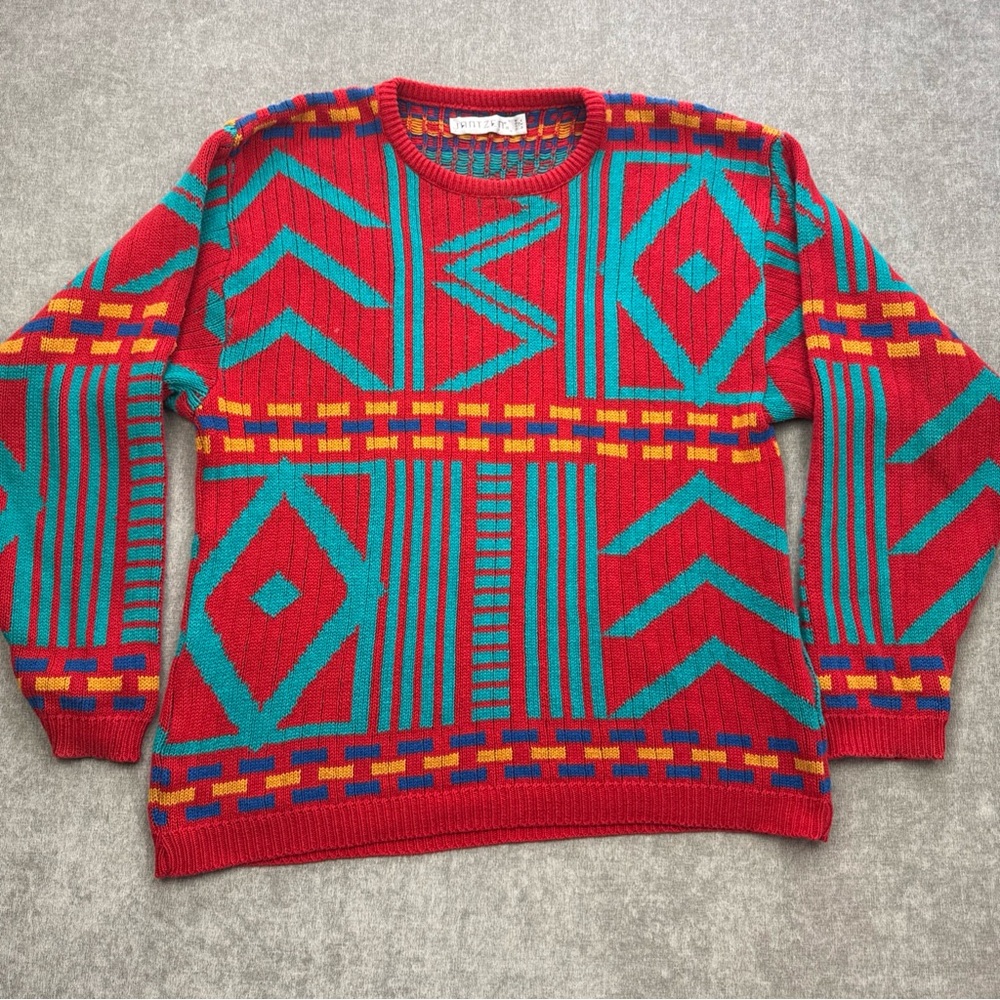 Vintage Jantzen Coogi Style Geometric Red Cable Knit Sweater Men’s XL USA